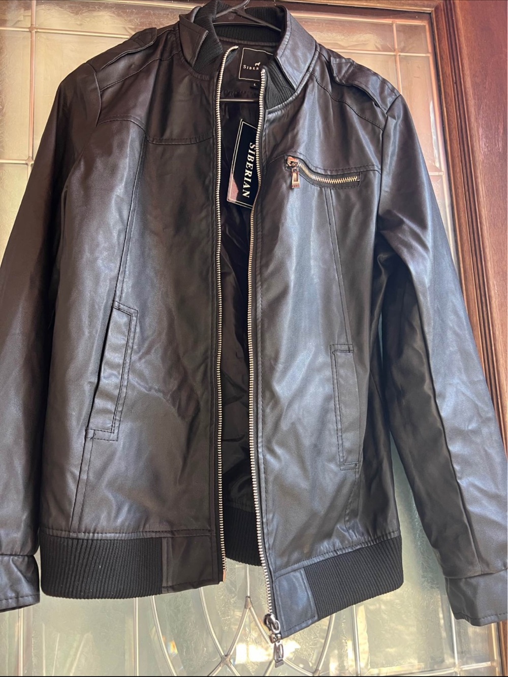 Black Faux Leather Bomber Jacket for Men